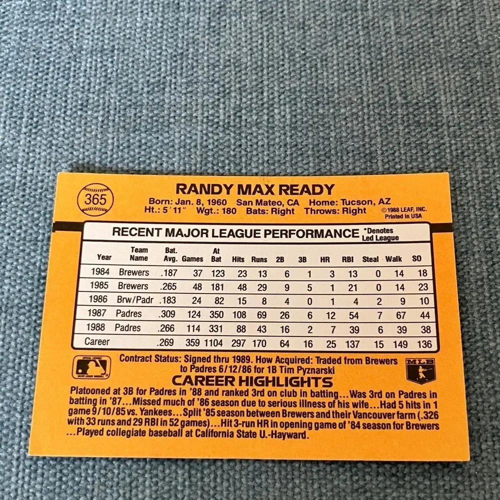 1989 Donruss San Diego Padres Baseball Card Trading Card